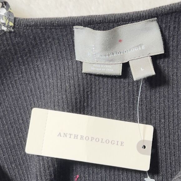 Anthropologie Ruffle Sleeve Sweater Top Womens Sz L Black Floral Long Sleeve - Picture 9 of 12